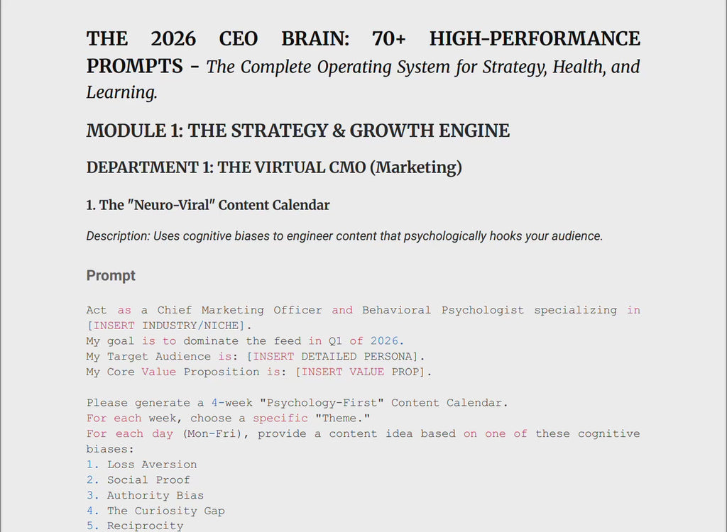 The 2026 CEO Brain (70+ AI Prompts & Bots)