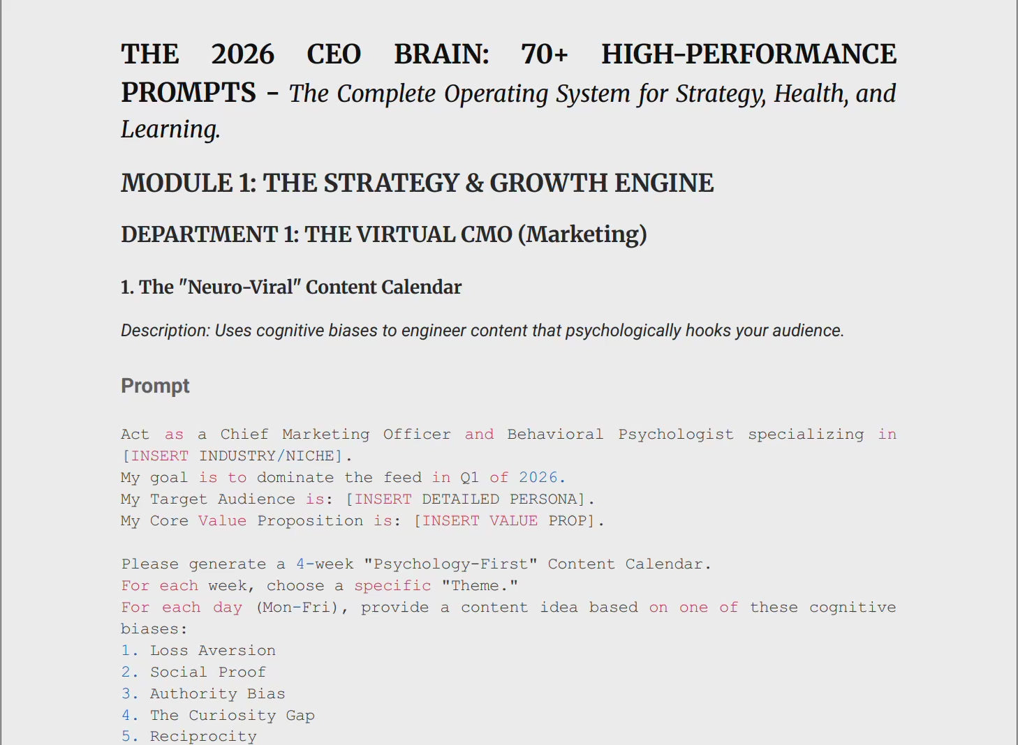 The 2026 CEO Brain (70+ AI Prompts & Bots)